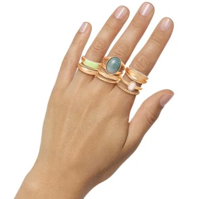 Jessica Simpson Gold-tone 8-piece Stacking Ring Set With Green Stone Accents In Gold