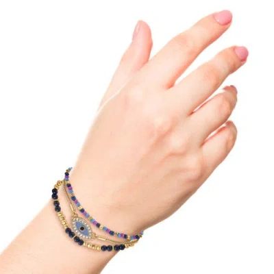 Jessica Simpson Multi-color Beaded Bracelet Set With Evil Eye Charm, Boho Chic Stackable Bracelets In Gold