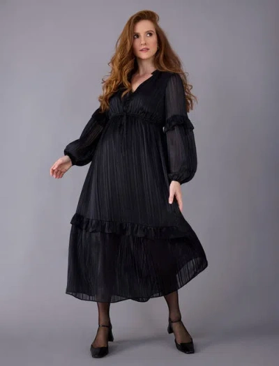 Motherhood Maternity V-neck Long Sleeve Tiered Maxi Dress In Black