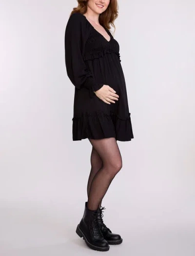 Motherhood Maternity V-neck Long Sleeve Smocked Tiered Short Dress In Black