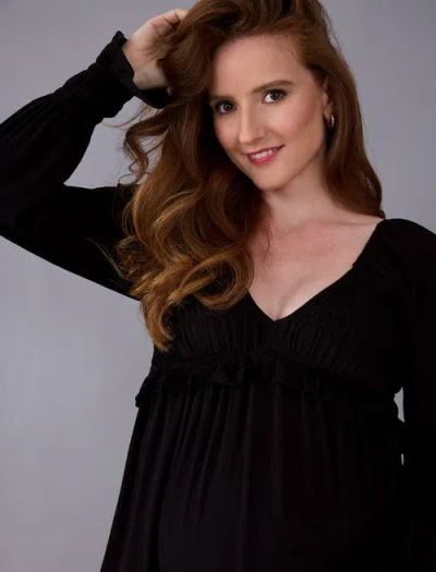 Motherhood Maternity V-neck Long Sleeve Smocked Tiered Short Dress In Black