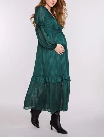 Motherhood Maternity V-neck Long Sleeve Tiered Maxi Dress In Green
