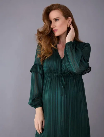 Motherhood Maternity V-neck Long Sleeve Tiered Maxi Dress In Green