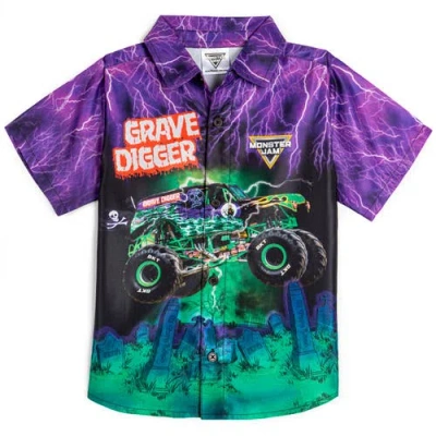 Monster Jam Grave Digger Short Sleeve Button Down Shirt In Blue