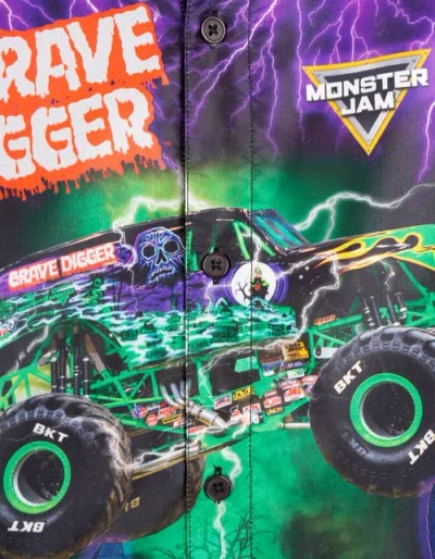 Monster Jam Grave Digger Short Sleeve Button Down Shirt In Blue
