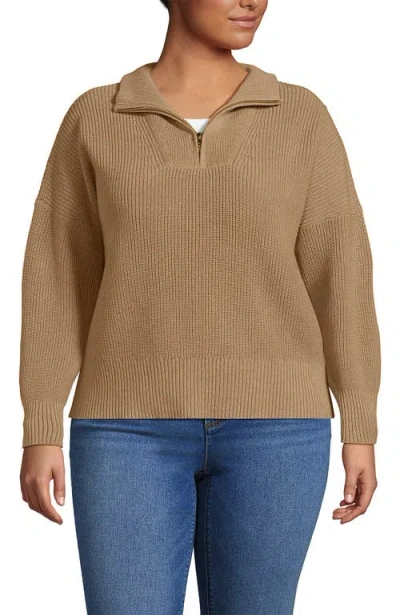 Lands' End Plus Size Drifter Floatback Jacquard Quarter Zip Sweater In Brown