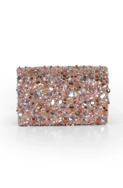 Jewel Badgley Mischka Aurora Beaded Mini Trapezoid Clutch In Brown