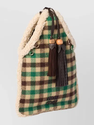 Miu Miu Checkered Tote Bag With Tassel And Trim In Neutral