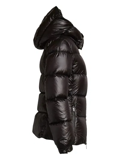 Add Sculpted Down Coat With Removable Hood And Refined Detailing In Black
