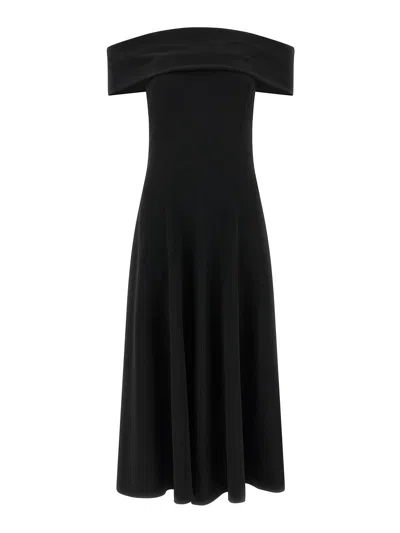 Alberta Ferretti Slightly Stretch Cady Midi Dress With Off-the-shoulder Neckline In Black