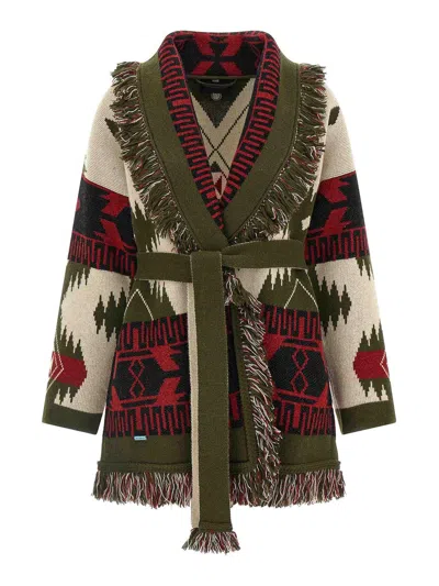 Alanui Waist Belt Fringe Geometric Pattern Long Sleeves Cardigan In Black