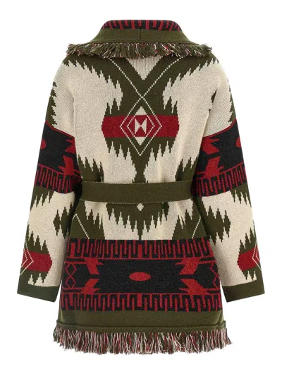 Alanui Waist Belt Fringe Geometric Pattern Long Sleeves Cardigan In Black