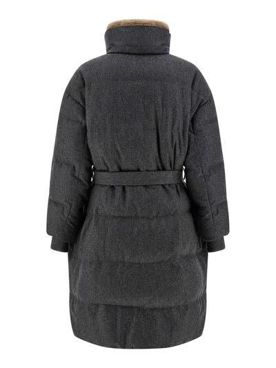 Brunello Cucinelli Lamb Shearling-collar Cashmere Puffer Jacket With Belt In Gray