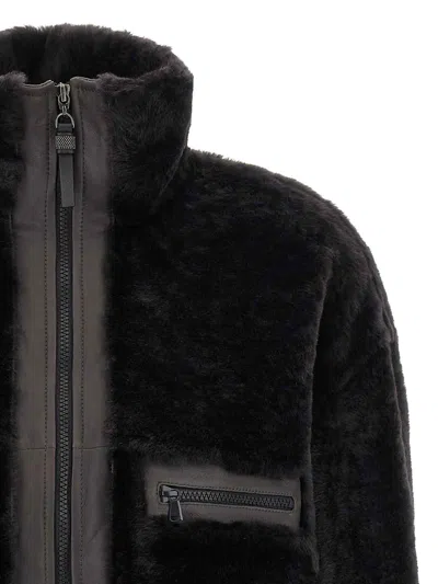 Brunello Cucinelli Shiny Zipper Pull Shearling Jacket In Black