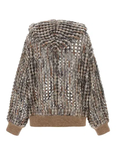 Brunello Cucinelli Balloon Net Embroidery Cardigan In Brown