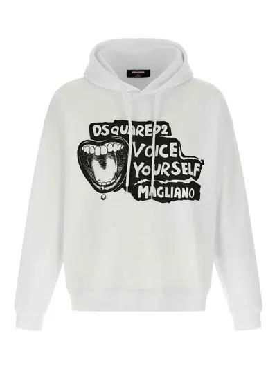 Dsquared2 D2 X Magliano White Hoodie With Drawstring Hood With Maxi Print On The Front In Cotton Man In White