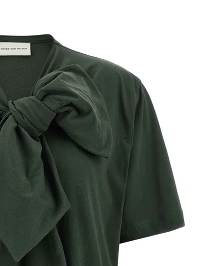 Dries Van Noten Bow Detail Crew Neck Short Sleeve Top In Green