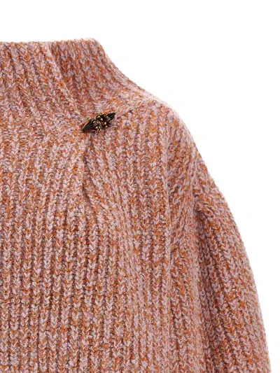 Dries Van Noten Chunky Knit High Neck Sweater With Brooch In Brown