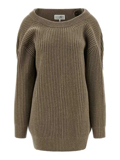Mm6 Maison Margiela Oversized Wool Blend Sweater With Crew Neck In Brown