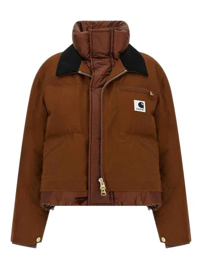 Sacai X Carhartt Wip Washed Duck Down Puffer Jacket In Brown