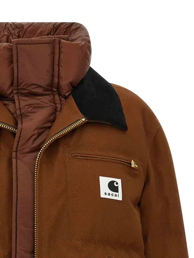 Sacai X Carhartt Wip Washed Duck Down Puffer Jacket In Brown