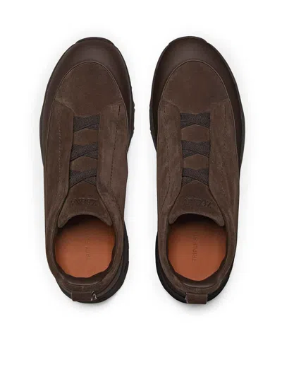 Zegna Baskets Triple Stitch Monte En Veau Velours Marron In Brown