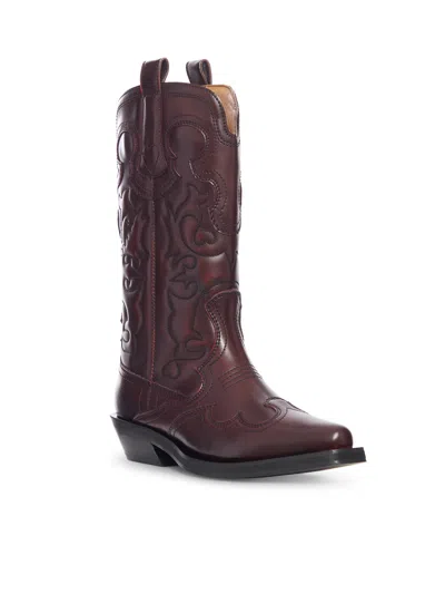 Ganni Embroidered Western Boots In Black
