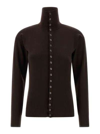 Lemaire Wool Cardigan Featuring High Collar And Ribbed Cuffs In Brown