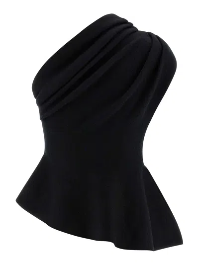 Khaite Aimee Asymmetric One-shoulder Wool-blend Peplum Top In Black