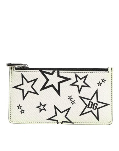 Pre-owned Dolce & Gabbana White Leather Douphin Dg Logo Star Print Card Holder Women's Wallet ()