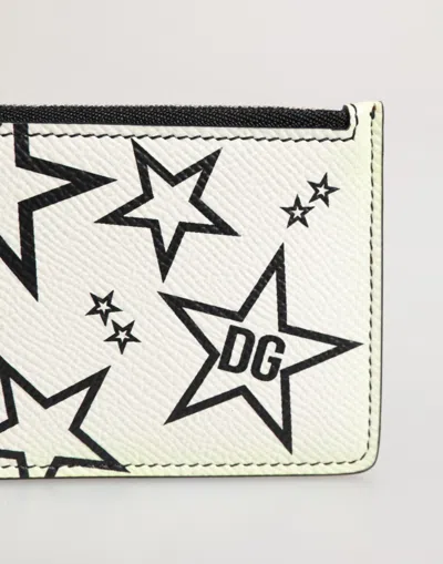 Pre-owned Dolce & Gabbana White Leather Douphin Dg Logo Star Print Card Holder Women's Wallet ()