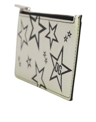 Pre-owned Dolce & Gabbana White Leather Douphin Dg Logo Star Print Card Holder Women's Wallet ()