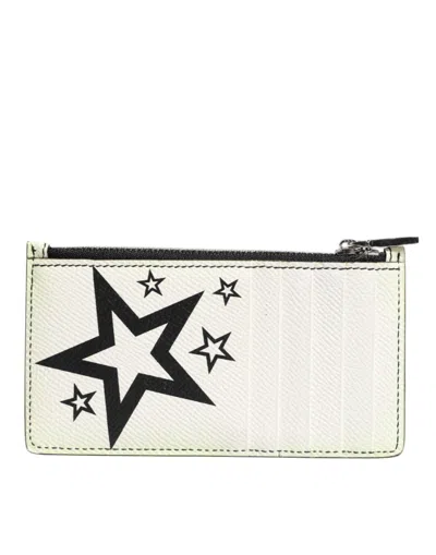 Pre-owned Dolce & Gabbana White Leather Douphin Dg Logo Star Print Card Holder Women's Wallet ()