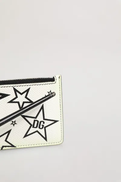 Pre-owned Dolce & Gabbana White Leather Douphin Dg Logo Star Print Card Holder Women's Wallet ()