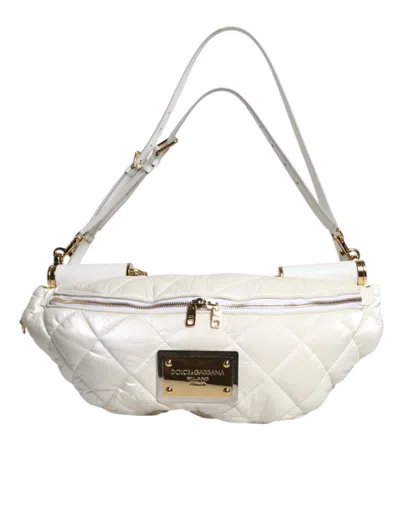 Pre-owned Dolce & Gabbana White Quilted Logo Plaque Belt Waist Fanny Pack Women's Bag ()