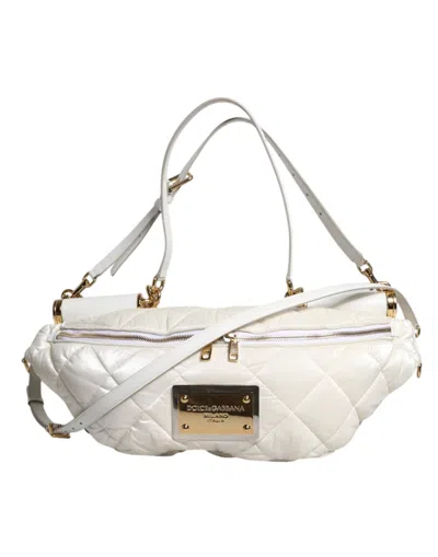 Pre-owned Dolce & Gabbana White Quilted Logo Plaque Belt Waist Fanny Pack Women's Bag ()
