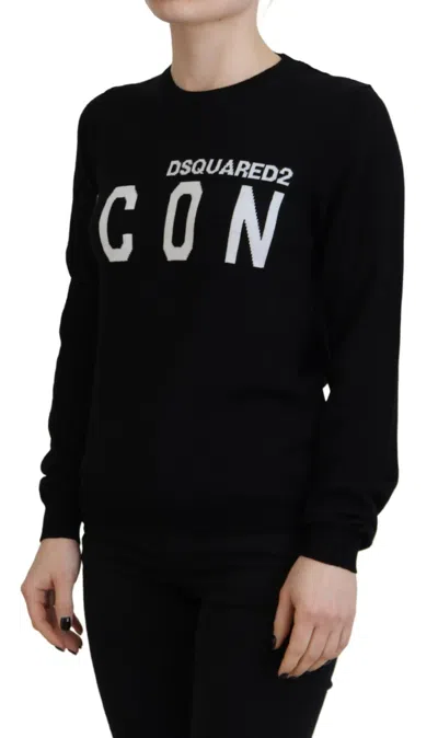 Pre-owned Dsquared2 Dsquared² Black Virgin Wool Logo Print Long Sleeves Women's Sweater ()