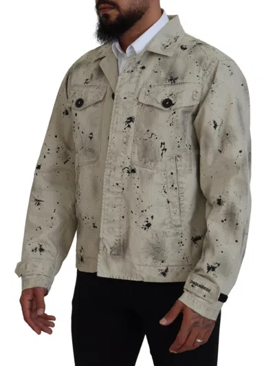 Pre-owned Dsquared2 Dsquared² Off White Black Splash Print Casual Denim Men's Jacket ()