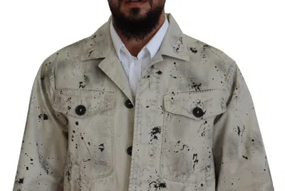 Pre-owned Dsquared2 Dsquared² Off White Black Splash Print Casual Denim Men's Jacket ()