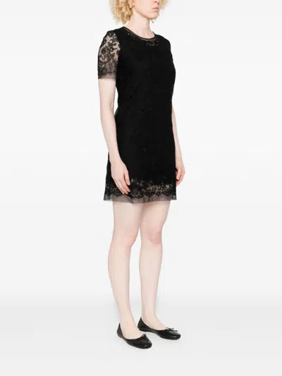 Ermanno Scervino Floral Lace Mini Dress With Sheer Sleeves In Black