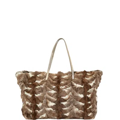 Pre-owned Fendi Brown White Fur Leather Handbag Tote Bag () In Multi