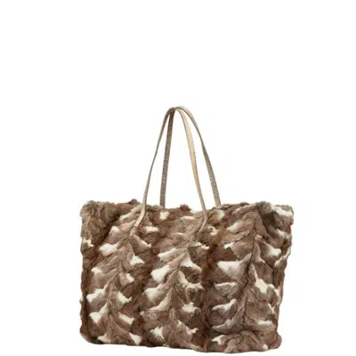Pre-owned Fendi Brown White Fur Leather Handbag Tote Bag () In Multi