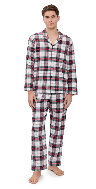 Eberjey Flannel Mens Long Pj Set Tartan Plaid Ivory/holly Red In Multi