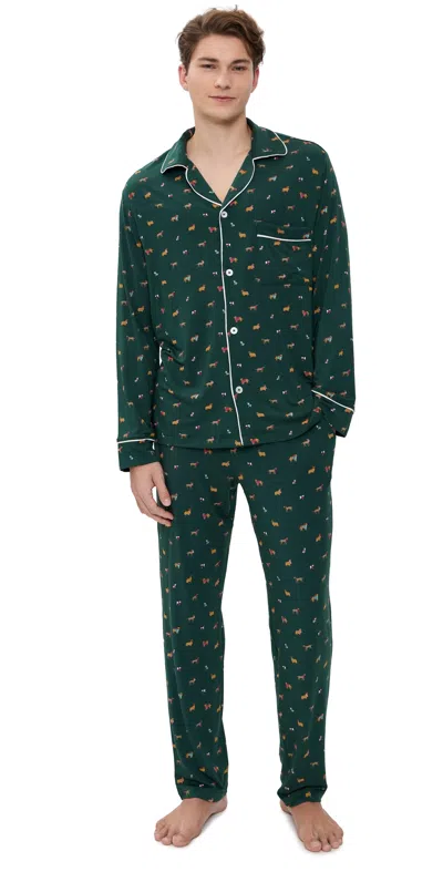 Eberjey William Printed Long Pj Set Holiday Dogs Pine/ivory In Multi