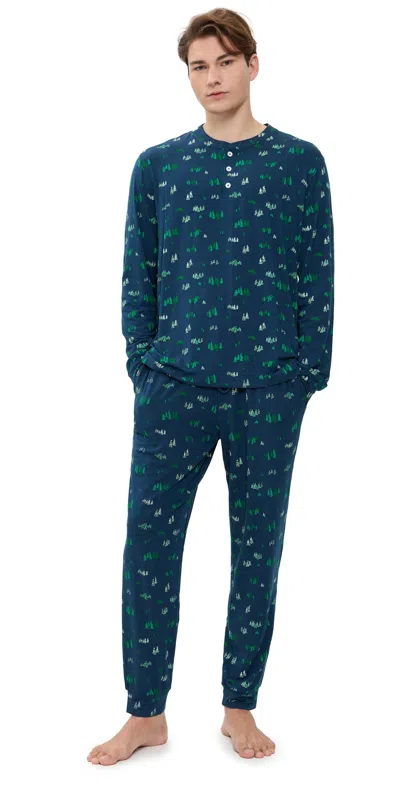 Eberjey Henry Printed Long Pajama Set Forest Pine Navy In Blue