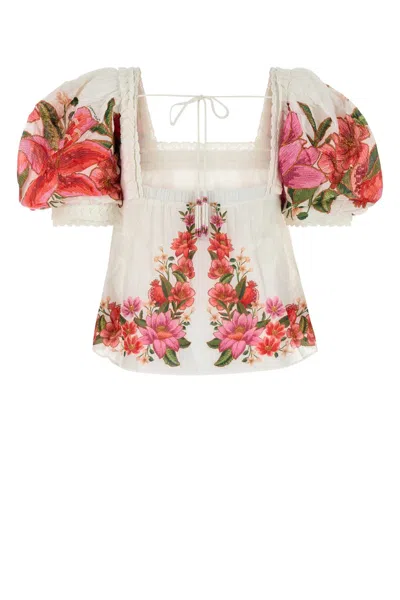Farm Rio Printed Linen Blend Blouse In White