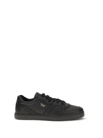 Prada Leather Sneakers With Flat Sole And Round Toe In Black