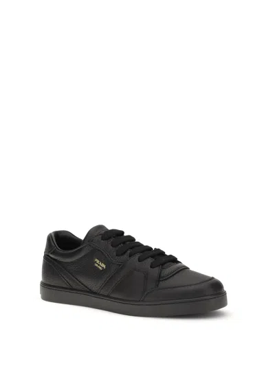 Prada Leather Sneakers With Flat Sole And Round Toe In Black