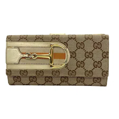 Pre-owned Gucci Brown Ivory Orange White Canvas Leather Long Wallet (bi-fold) ()