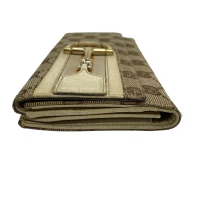 Pre-owned Gucci Brown Ivory Orange White Canvas Leather Long Wallet (bi-fold) ()